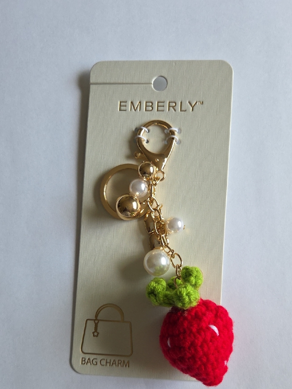 Emberly Gold-Tone Key & Card Holder Charm with Red Crochet Strawberry